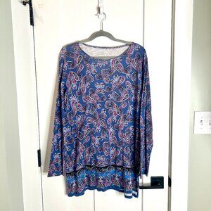 J. Jill The Perfect Pima Purple Paisley Print Long Lined Tunic Top Size Large